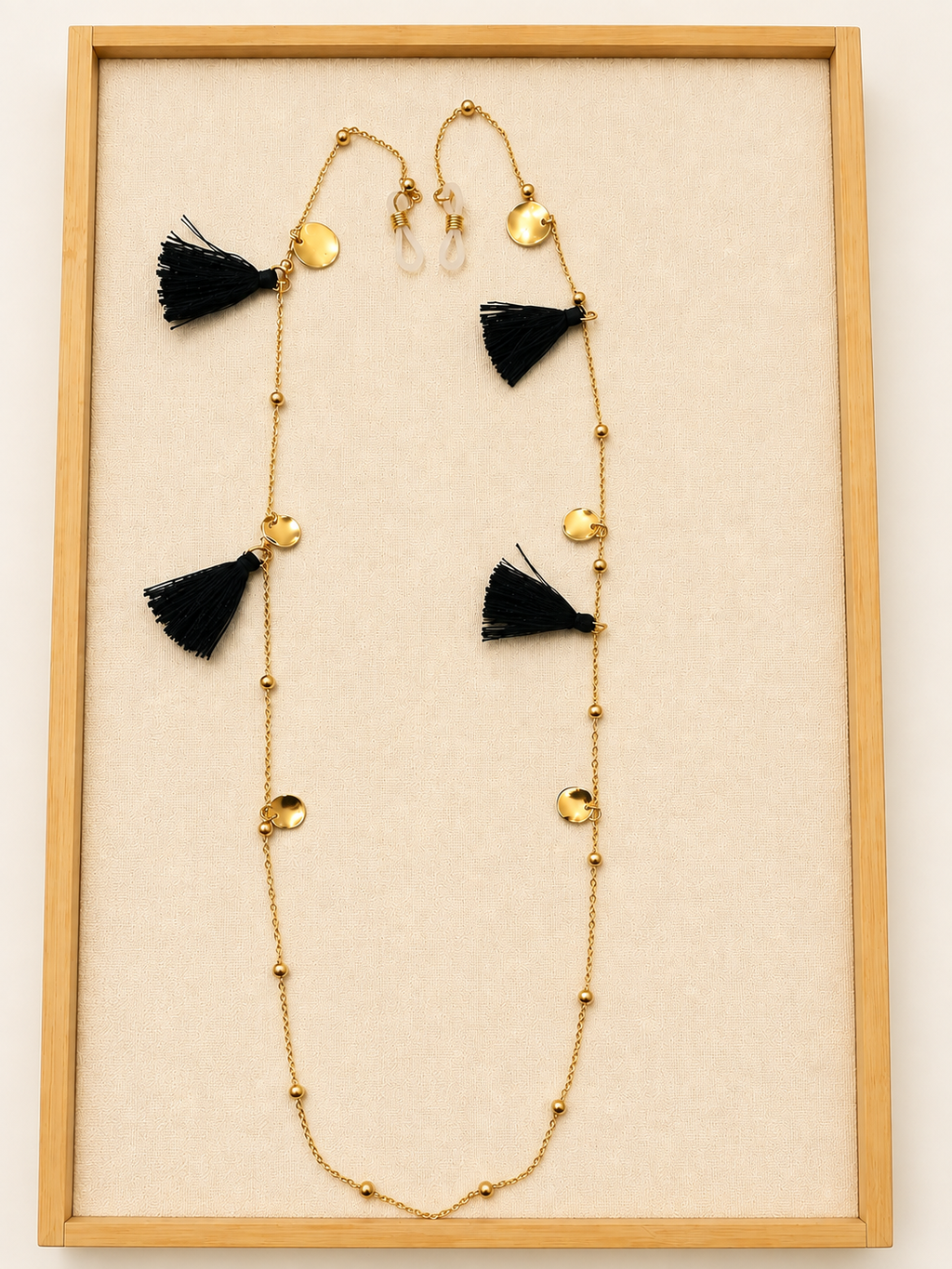 Chaîne Porte-Lunettes Bohème Chic – Pompons Noirs - Chaîne Dorée