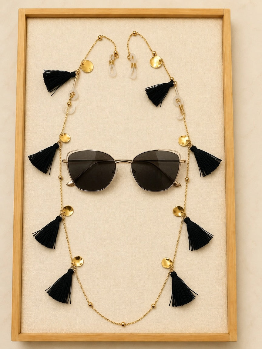 Chaîne Porte-Lunettes Bohème Chic – Pompons Noirs - Chaîne Dorée