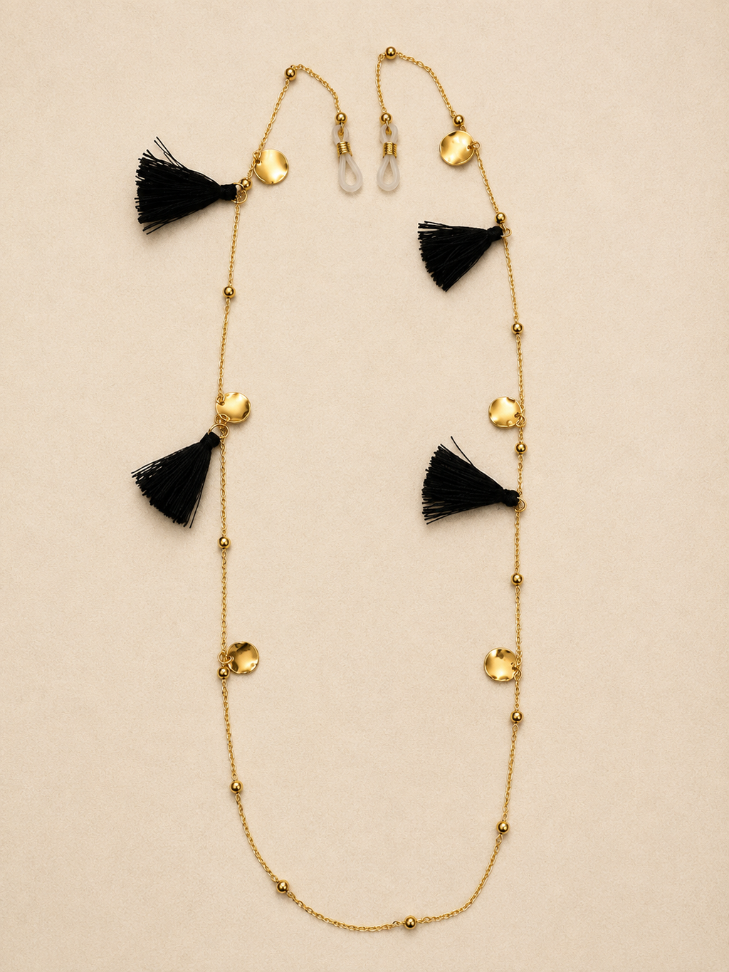 Chaîne Porte-Lunettes Bohème Chic – Pompons Noirs - Chaîne Dorée