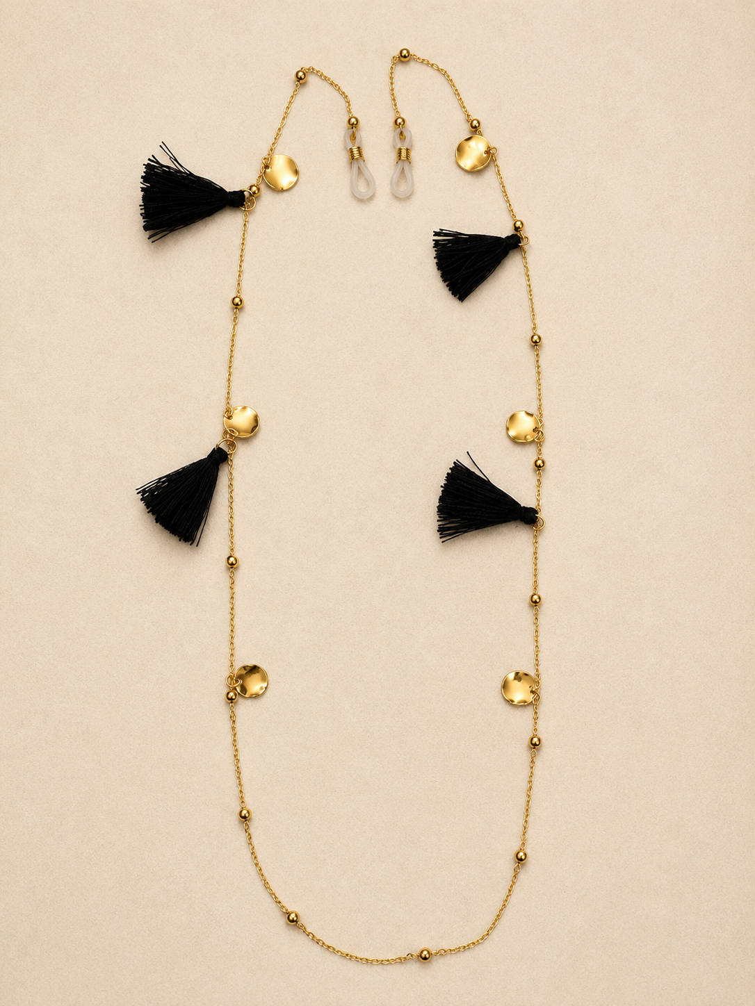 Chaîne Porte-Lunettes Bohème Chic – Pompons Noirs - Chaîne Dorée